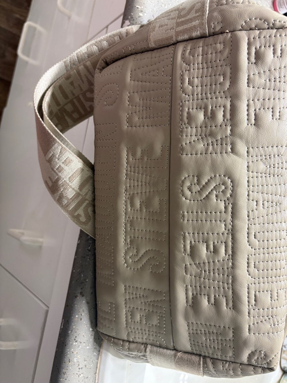 Steve Madden Embossed Logo Taupe Tote - Picture 5 of 5